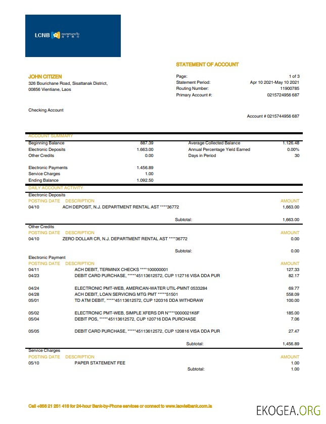 Relevé de la banque LCNB du Laos